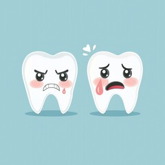 Cartoon tooth with a sad face next to a broken tooth, useful for dental care concepts