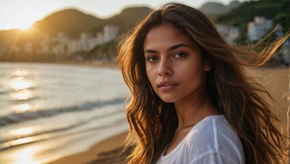 Jovem mulher brasileira em uma praia no Rio de Janeiro, Brasil