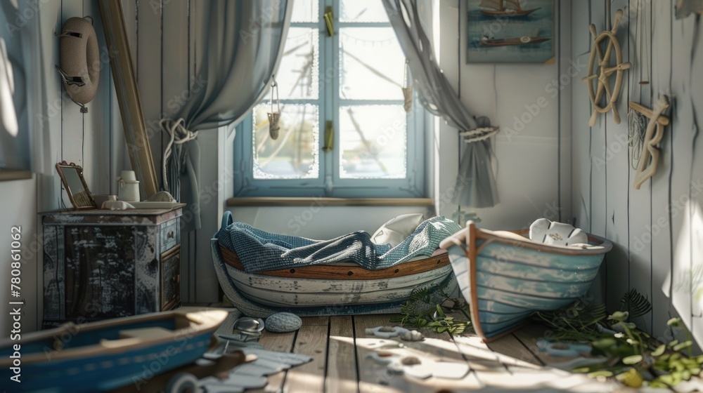 Poster a room featuring a boat and a window. suitable for interior design concepts