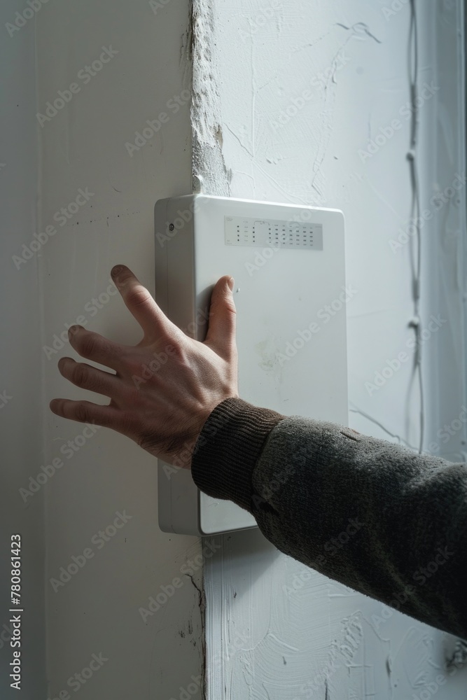 Poster a person pressing a button on a wall. ideal for technology concepts