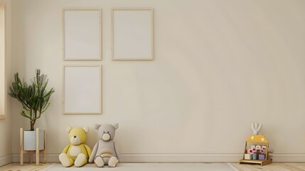 Mock up posters in child room interior, posters on empty cream color wall background