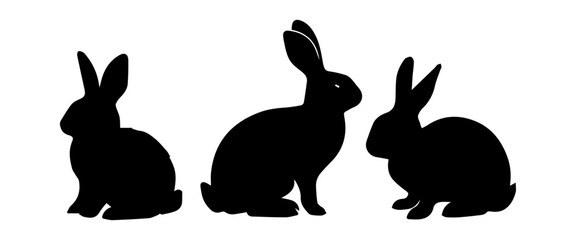 Silhouettes of easter bunnies isolated on a white background. Set of different rabbits silhouettes for design use.