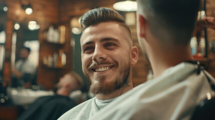 A man getting his hair cut at a barber shop. Ideal for barber shop promotions