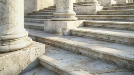 A classic architectural scene featuring elegant marble steps leading up to grand Ionic order columns