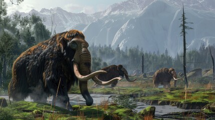 A majestic herd of mammoths walking through a lush green field. Ideal for prehistoric and nature-themed projects