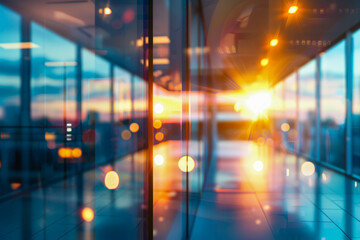 Defocused image of an office space with large windows