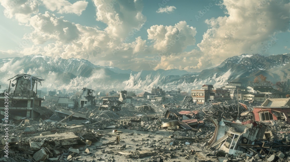Poster a picture of a city in ruins with mountains in the background. suitable for illustrating post-apocal