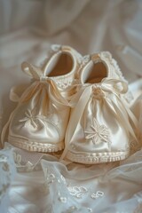 Pair of baby shoes resting on a bed, suitable for nursery themes