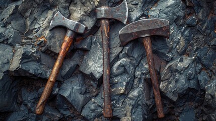 Two axes resting on a rocky surface, suitable for outdoor and adventure themes