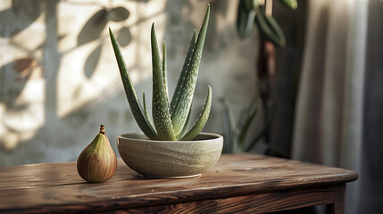 Aloe Vera Plant in Ceramic Pot with Fig Fruit, Warm Sunlight on Wooden Table