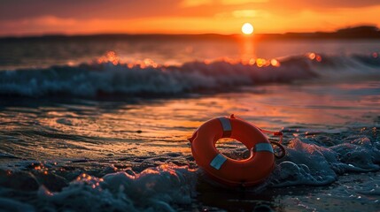 A life buoy silhouetted against the vibrant colors of a sunset - obrazy, fototapety, plakaty