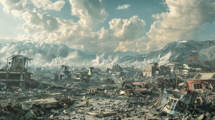 A picture of a city in ruins with mountains in the background. Suitable for illustrating post-apocalyptic scenarios - obrazy, fototapety, plakaty