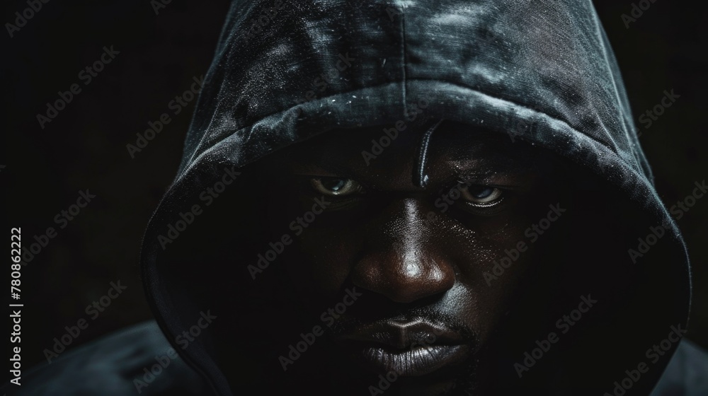 Poster a close-up of a person wearing a hoodie. suitable for various design projects