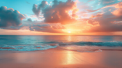 Fototapeta na wymiar Tropical beach sunset seascape horizon vanilla sky clouds sun sand skyline daylight azure red orange