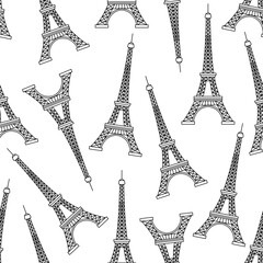 Eiffel Tower seamless pattern. France national landmark. Black and white vector background. Hand drawn outline French symbol