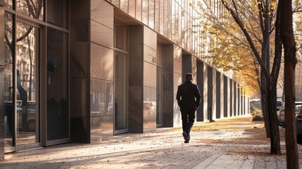 Urban cityscape with a man walking down a sidewalk. Suitable for business and urban lifestyle concepts