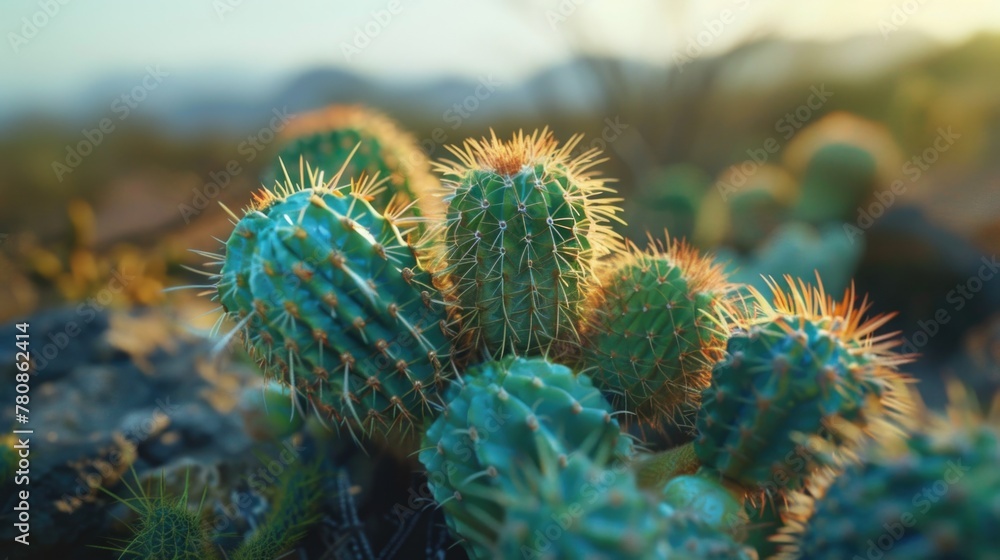 Poster a close-up of a cactus plant in a field. suitable for nature and desert themes