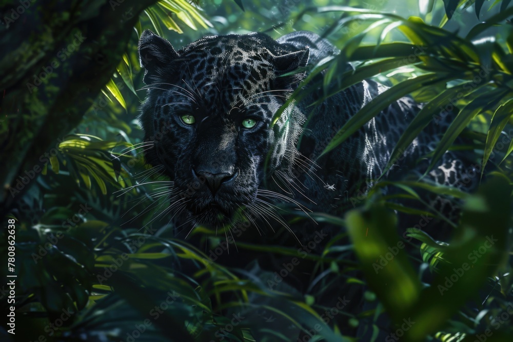 Poster close up image of a leopard in the jungle, suitable for wildlife projects