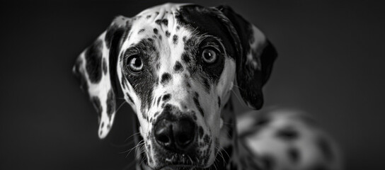 A striking black and white photo of a Dalmatian dog. Perfect for pet lovers and animal enthusiasts