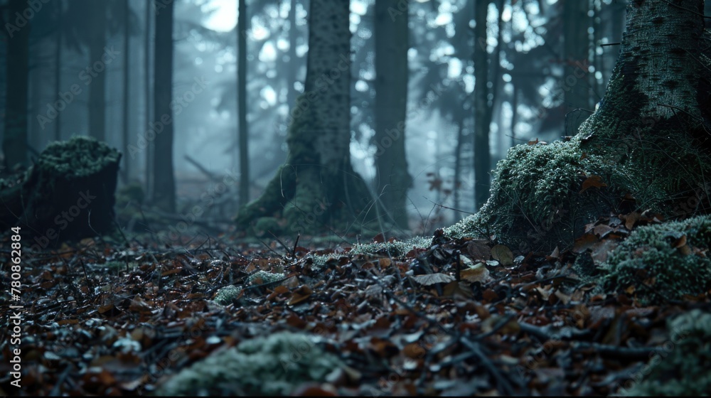 Poster a moss covered tree standing in the middle of a forest. suitable for nature and environmental themes