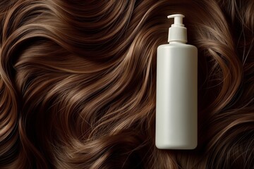 Mockup white bottle of shampoo lies in a brown strand of hair, which in the form of a smooth wave. Flay lay. Copy space for text. Concept beauty eco product design, skincare and haircare. - obrazy, fototapety, plakaty
