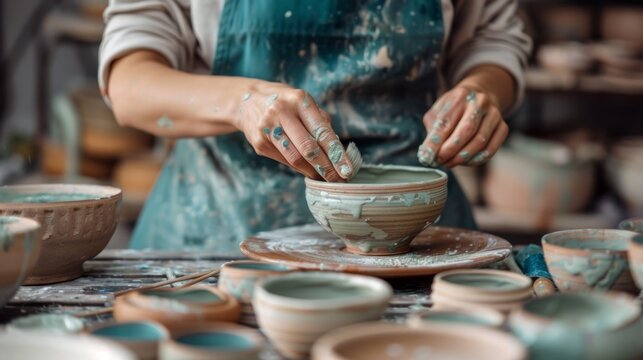 Person crafting ceramic bowl on a pottery wheel in a workshop. Close-up photography of hands working with clay. Artistic pottery making for design and interior decor - Powered by Adobe