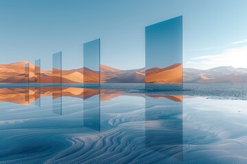 A mysterious vertical rectangle rests on a calm water surface, casting a reflection of an abstract geometric shape. Surrounding the scene are blue sand dunes under a bright sky