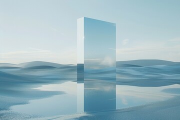 A mysterious vertical rectangle rests on a calm water surface, casting a reflection of an abstract geometric shape. Surrounding the scene are blue sand dunes under a bright sky - obrazy, fototapety, plakaty