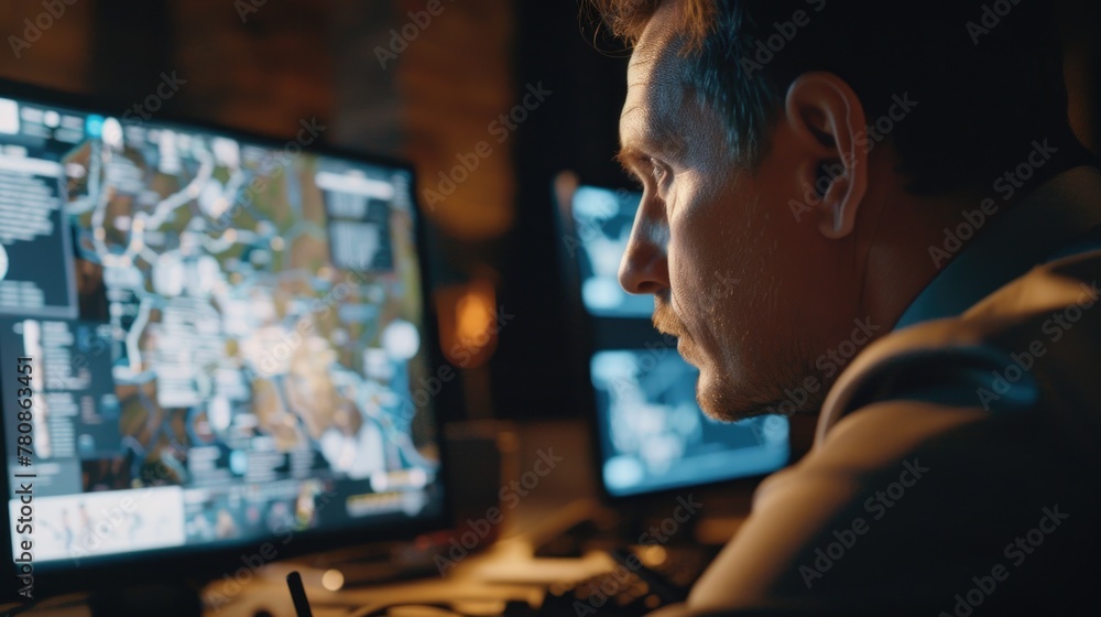 Aufkleber A man sitting in front of a computer monitor. Suitable for technology concepts