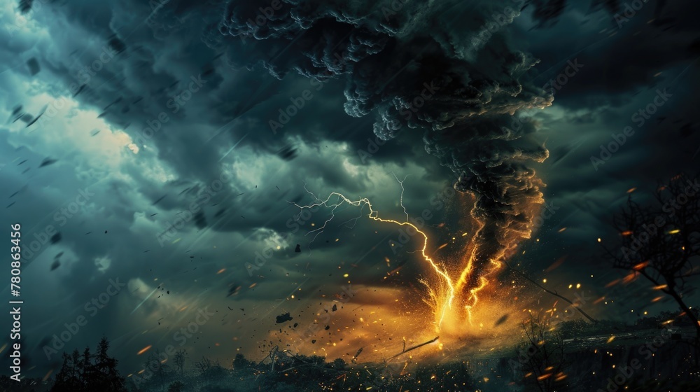 Poster a striking image of a large cloud of smoke and lightning in the sky. perfect for illustrating extrem