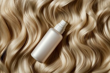 Mockup white bottle of shampoo lies in a blonde strand of hair. Flay lay. Copy space for text. Concept beauty eco product design, skincare and haircare. - obrazy, fototapety, plakaty