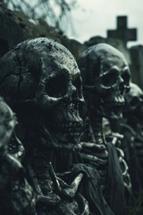 A group of skeleton statues sitting next to each other. Suitable for Halloween decorations