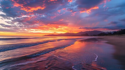 A coastal scene at sunset, with calm waters, a sandy beach, and the sky ablaze with hues of orange, pink, and purple. - obrazy, fototapety, plakaty