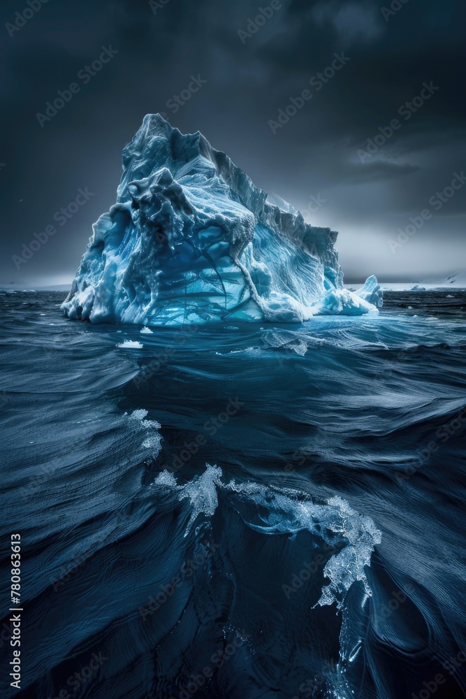 Poster a massive iceberg floating in the ocean. suitable for climate change or travel concepts