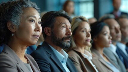 A diverse group of individuals sitting in a row. Suitable for teamwork concepts