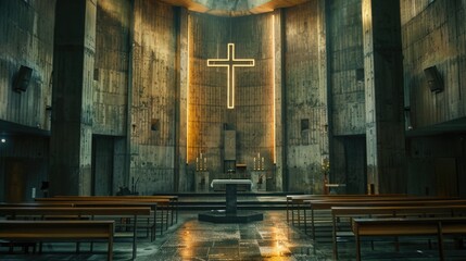 Interior of a church with wooden pews and a cross on the wall. Suitable for religious themes - obrazy, fototapety, plakaty