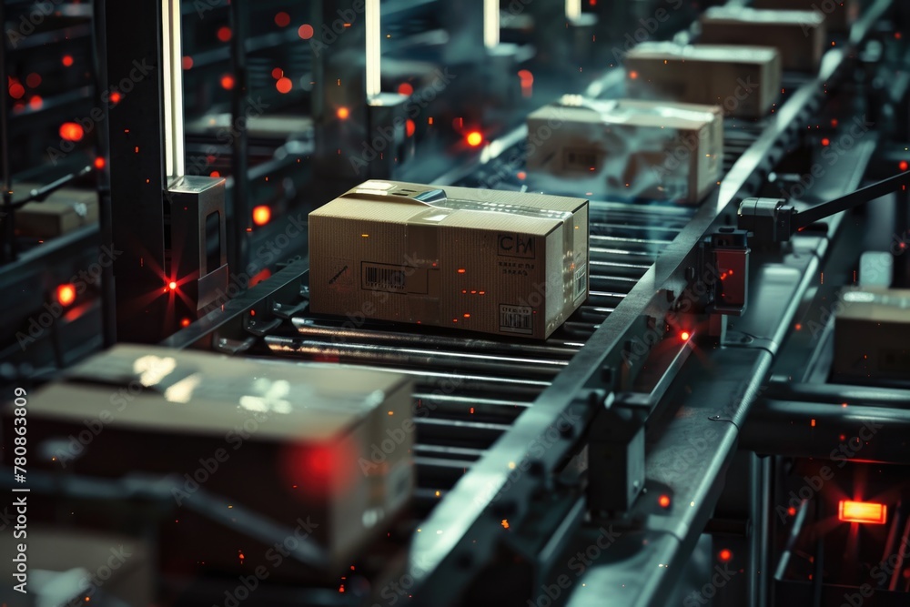 Poster boxes on a conveyor belt in a factory. suitable for industrial concepts