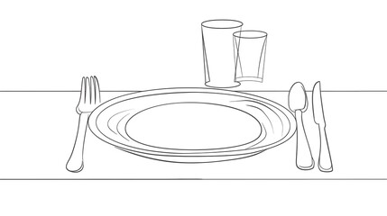 One line art. Plate knife, fork continuous outline drawing. Decoration for cafe or kitchen, restaurant or menu. Cutlery vector illustration. Plate drawing outline with dishware contour