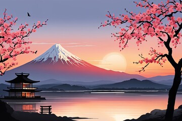 Serene landscape with mountain, pagoda in background. For meditation apps, on covers of books about spiritual growth, in designs for yoga studios, spa salons, illustration for articles on inner peace. - obrazy, fototapety, plakaty