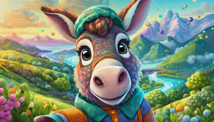 Fototapeta premium OIL PAINTING STYLE CARTOON CHARACTER CUTE BABY DONKEY takes a selfie isolated on white background, top view