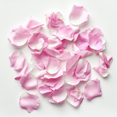 A pile of pink rose petals on a white surface. Perfect for romantic and wedding-themed designs