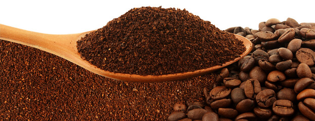 ground dark roasted coffee beans in spoon with beans,cutout in transparent background,png format             