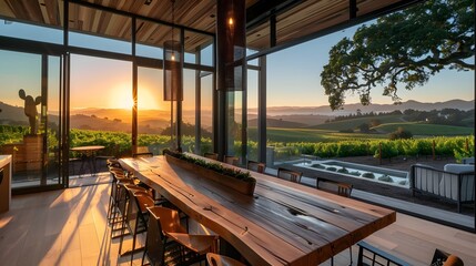 A contemporary dining room with expansive windows showing a rolling vineyard at sunset. The room has a rustic yet modern appeal, with a large wooden table and iron accent