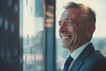 Fototapeta premium A man in a suit and tie smiling in front of a window. Suitable for business concepts