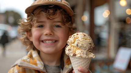 The child holds sweet and tasty ice cream in his hand.