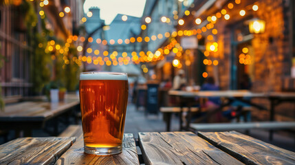 A glass of light beer stands on an old table against the backdrop of an old cafe with lights. A glass of beer with foam on an old wooden table, with a beautiful bokeh from behind.