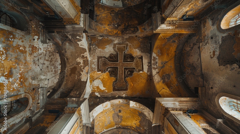 Poster A close-up view of the ceiling in an old building with peeling paint. Suitable for architectural or renovation concepts