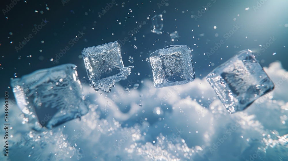 Poster group of ice cubes floating in water. suitable for beverage or summer-themed designs