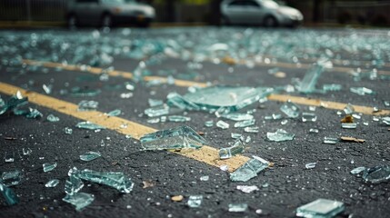 A close-up shot of scattered broken glass shards on the concrete ground - obrazy, fototapety, plakaty