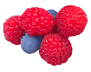 Wild Berries mix isolated on white background. Fresh raspberry and blueberry closeup. Flat lay, top view. - 780864451